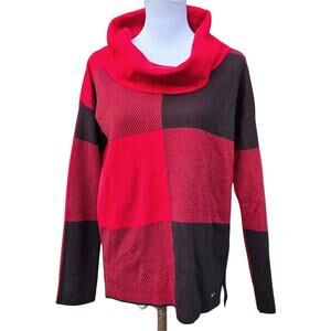 CK Cowl Neck Sweater Calvin Klein Size S Knit Pullover Red Black Buffalo Check